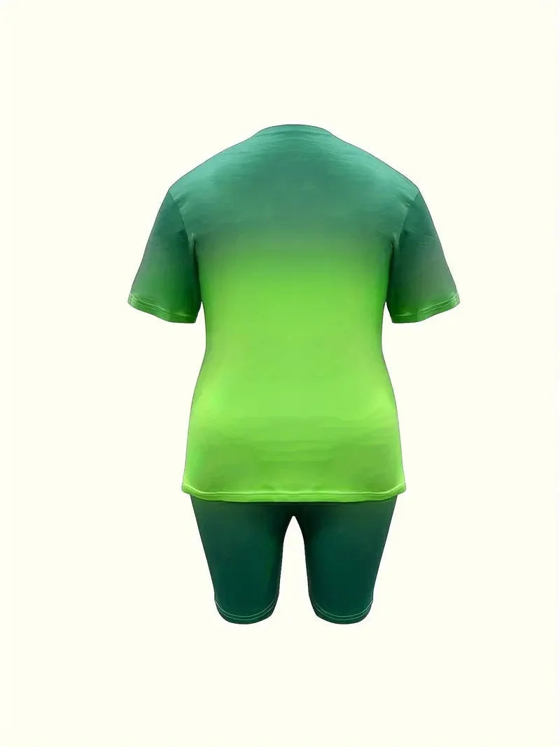 Women's Gradient Color Suit Butterfly Pattern Round Neck Short Sleeve Ohberri