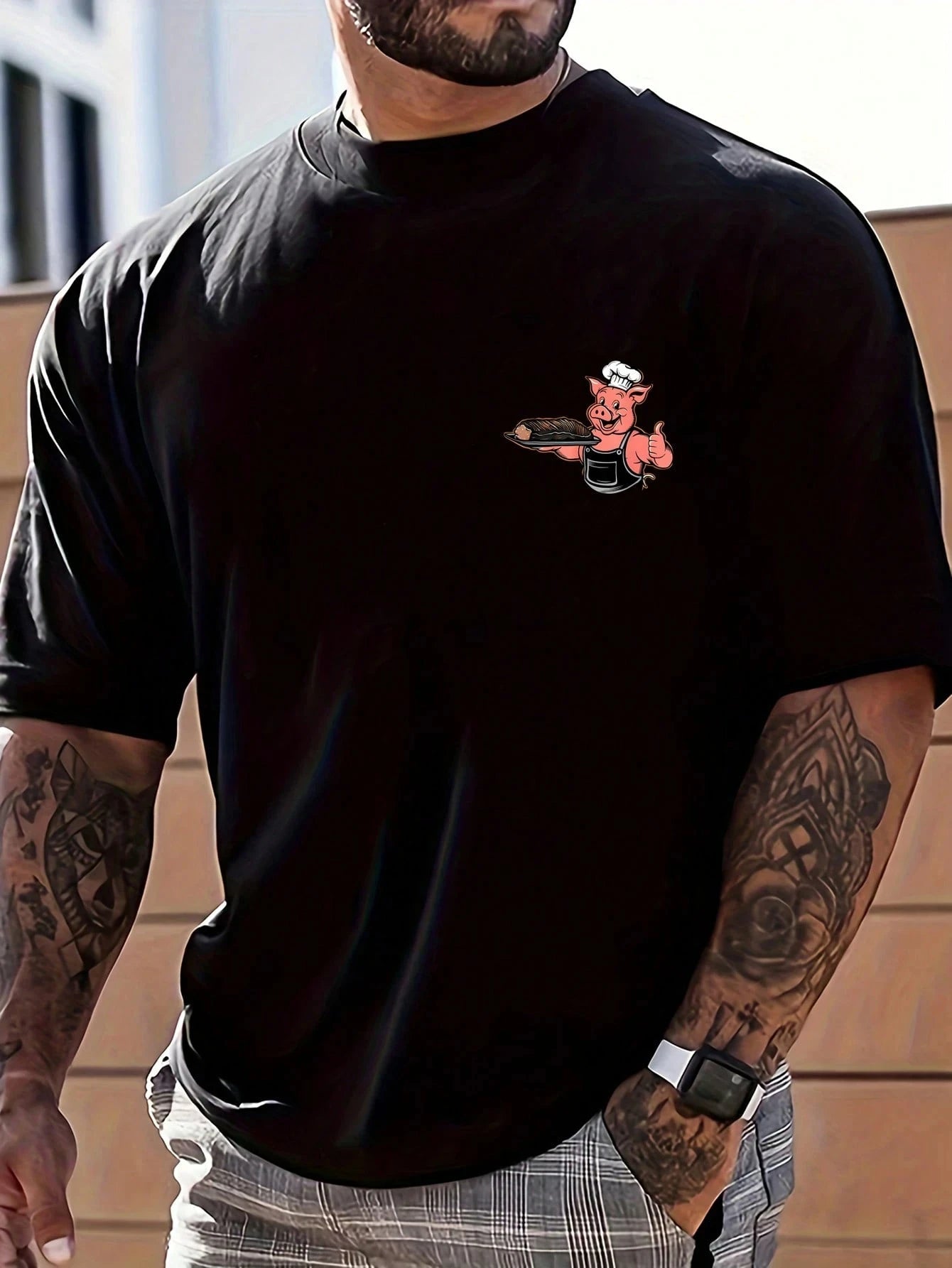 Pig Chef Letter Graphic Print T-Shirt Ohberri