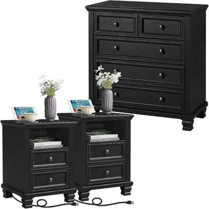 Farmhouse Dresser and Nightstand Sets of 4, 6/5 Drawer Dresser & 2 Drawer Nightstand Set of 2, Rustic Walnut - Ohberri