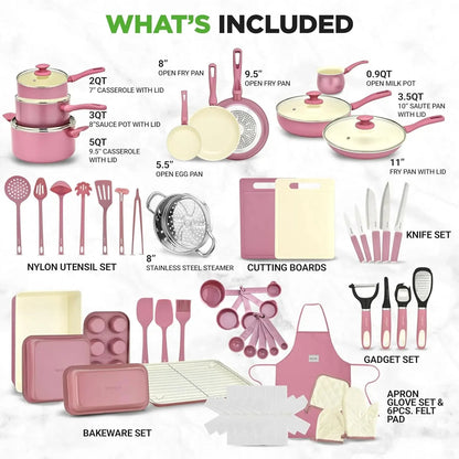 54-Piece Kitchen Cookware Set - Complete Non-Stick Ceramic Pots and Pans Set with Utensils, Bakeware, and Knife Set Ohberri