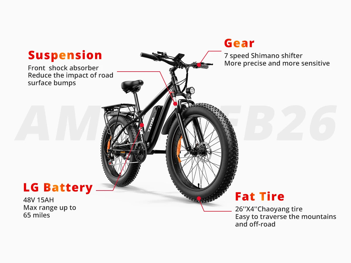 Peak 1500W 48V 15AH 26" Fat Tire Mountain Bike 31mph  Electric Dirt Bike - Ohberri