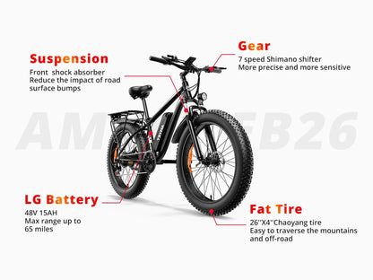 Peak 1500W 48V 15AH 26" Fat Tire Mountain Bike 31mph  Electric Dirt Bike - Ohberri