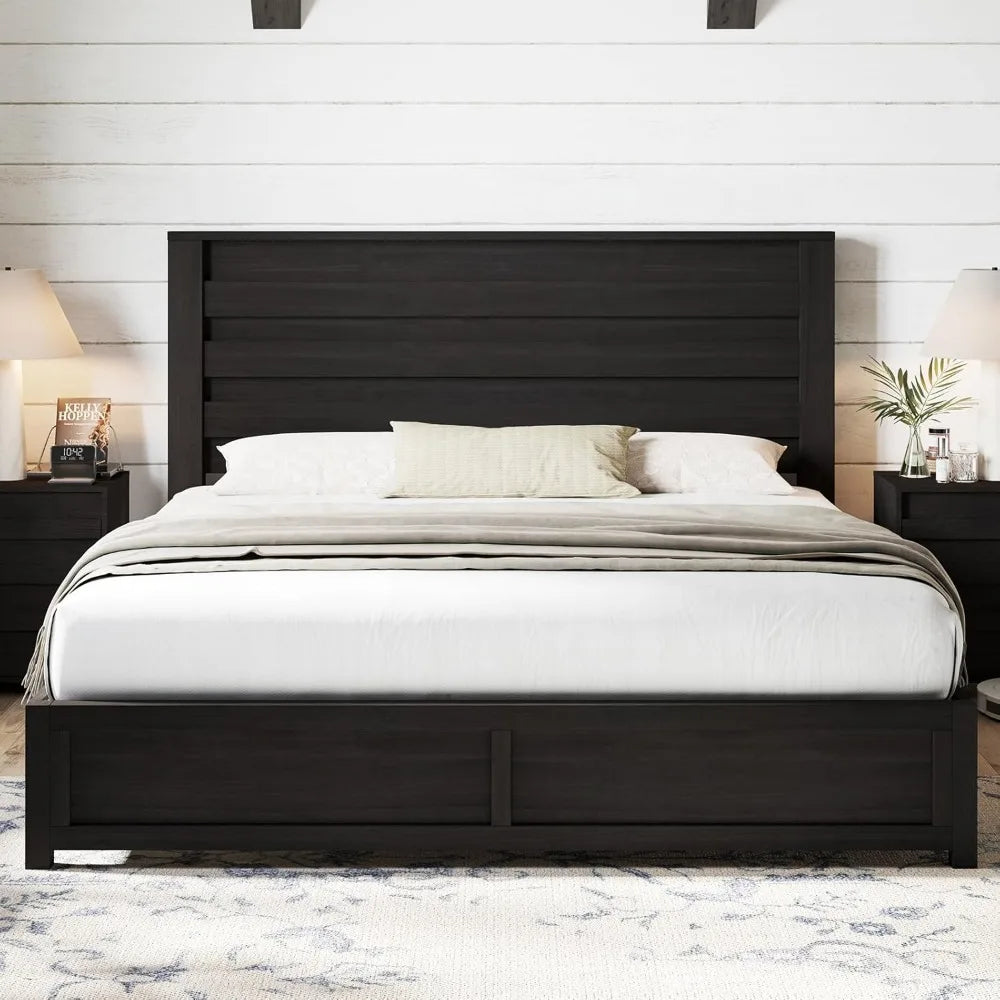 Farmhouse King Size Bed Frame with 49" Fluted Headboard, Wood Platform Bed - Ohberri