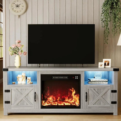 65 Inch LED Fireplace TV Stand with Mood Lighting, Cabinet with Open Shelf & Hidden Cable Routing Ohberri