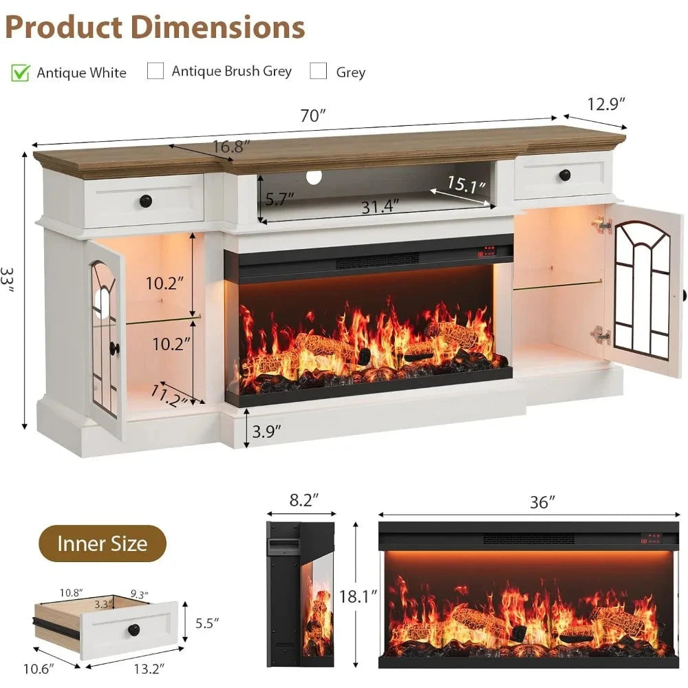 70" Farmhouse Fireplace TV Stand for TVs up to 80" with 36" 3-Side Glass Electric Fireplace Ohberri