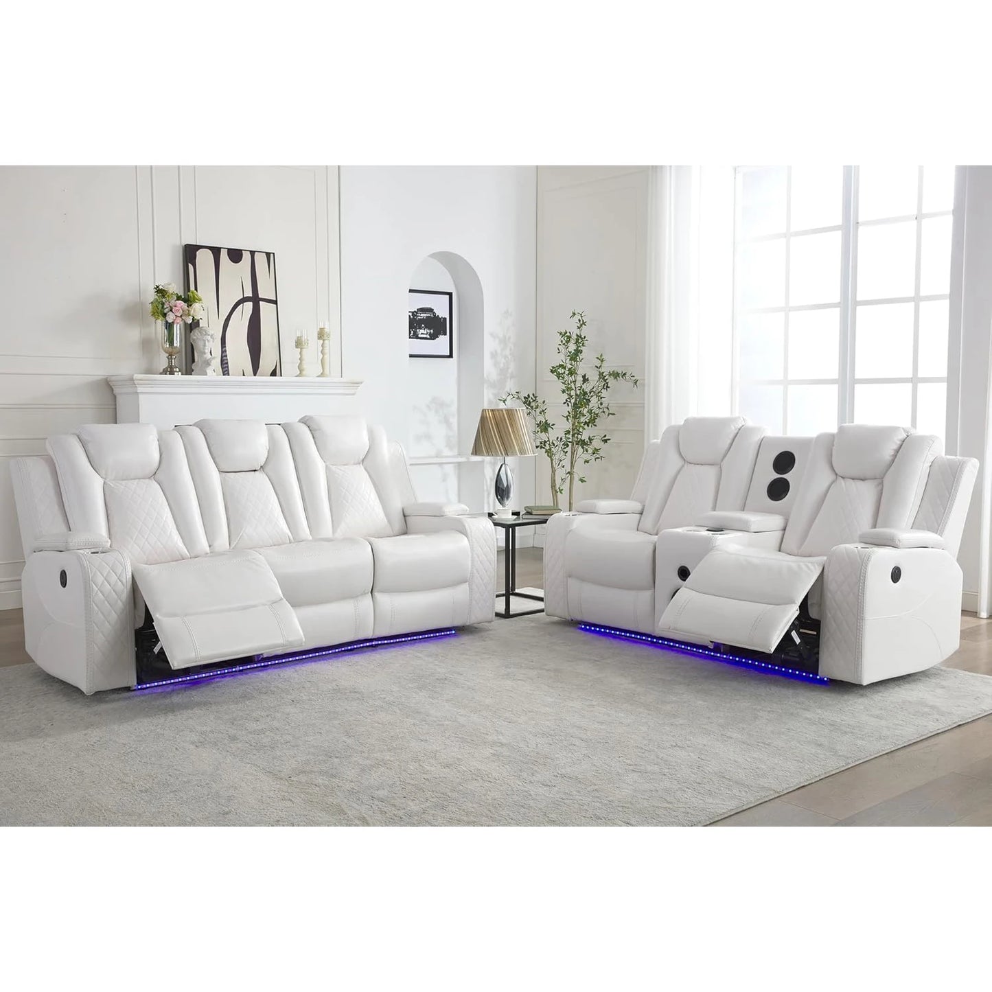 5 Seater Faux Leather Power Recliner Sofa Set with Drop-Off Table, Wireless Charger & Type-C, Loveseat with Bass Speaker - Ohberri