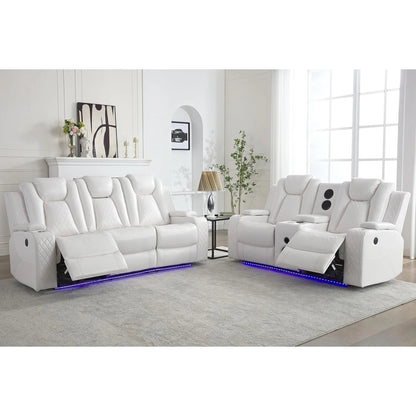 5 Seater Faux Leather Power Recliner Sofa Set with Drop-Off Table, Wireless Charger & Type-C, Loveseat with Bass Speaker - Ohberri