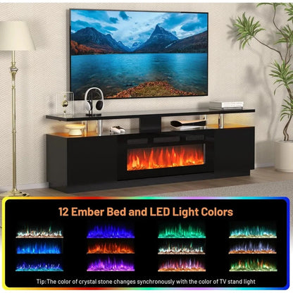 70'' TV Stand, Storage Cabinet & Electric Fireplace Heater with LED Light and 12 Flame Colors Ohberri