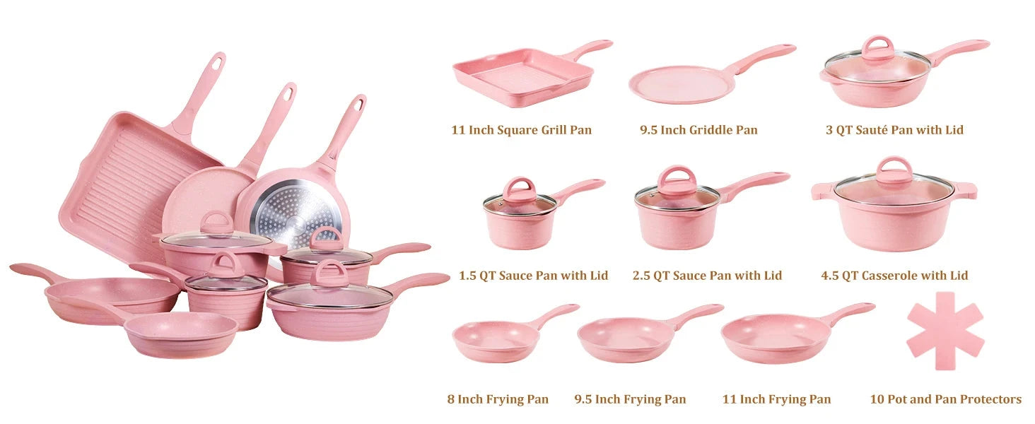 Pink Pots and Pans Set Nonstick 23pcs Induction Ohberri