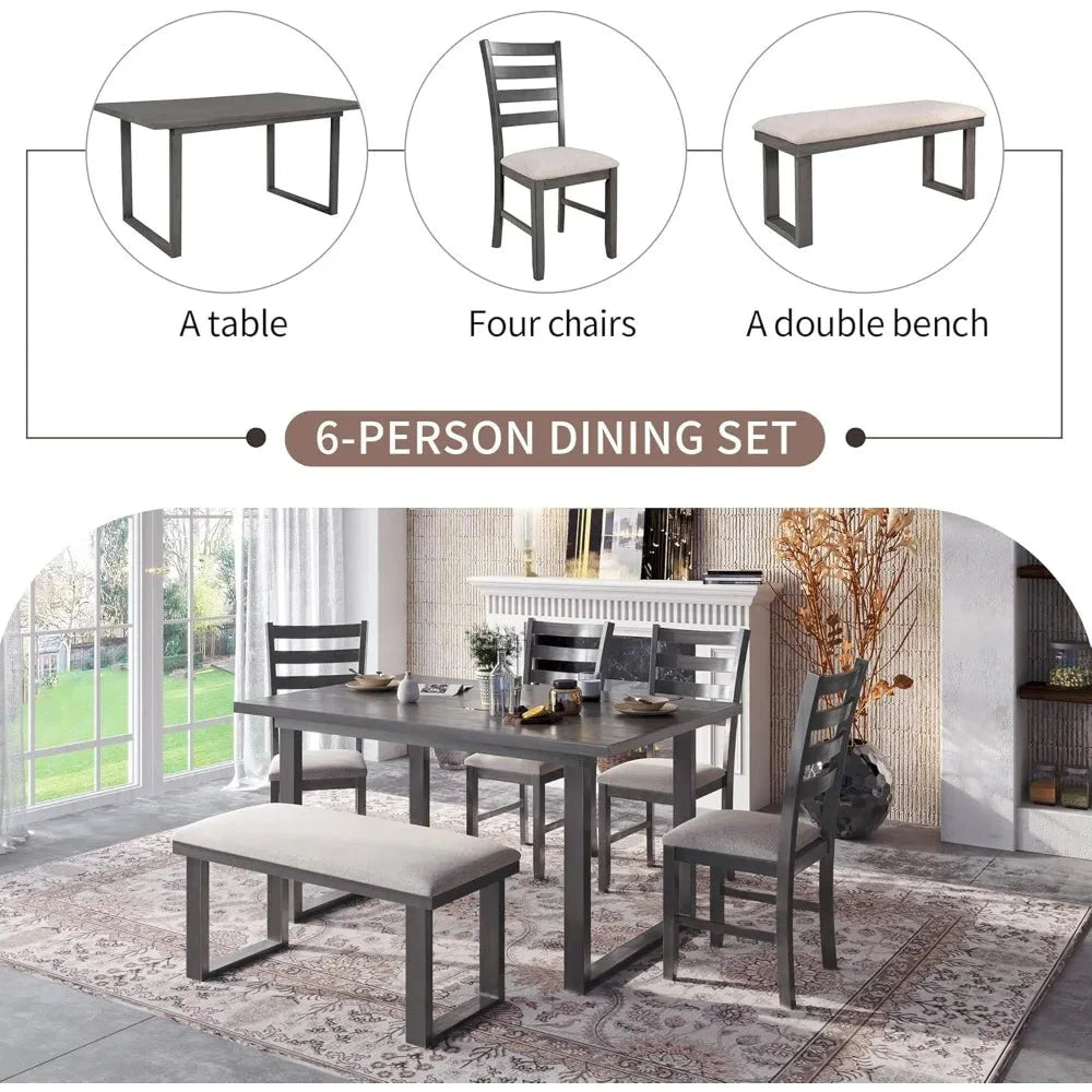 6 Piece Dining Table Set with Rectangular Table and 4 High Back Upholstered Dining Chairs and Tufted Bench Ohberri