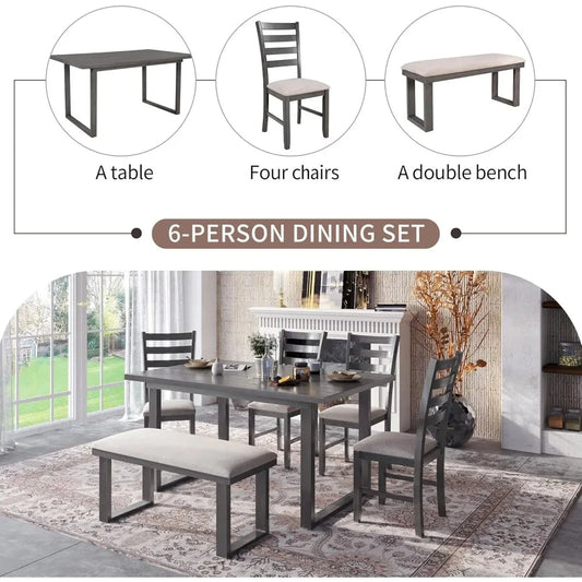 6 Piece Dining Table Set with Rectangular Table and 4 High Back Upholstered Dining Chairs and Tufted Bench Ohberri