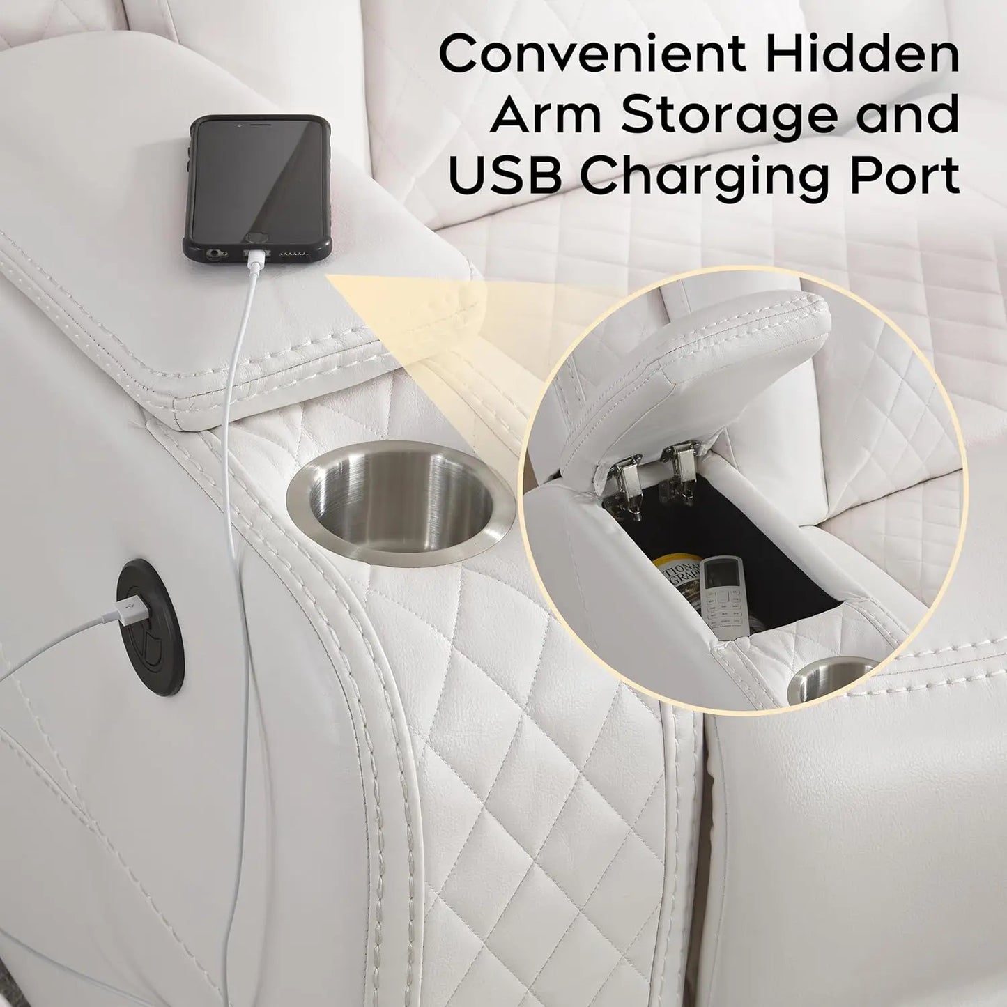 5 Seater Faux Leather Power Recliner Sofa Set with Drop-Off Table, Wireless Charger & Type-C, Loveseat with Bass Speaker - Ohberri