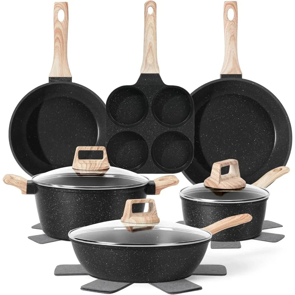 Pots and Pans Set, Nonstick Cookware Sets Black Granite Induction Ohberri