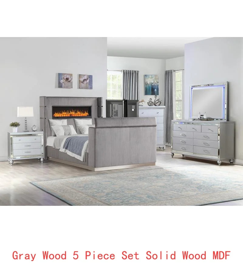 5 Pc Queen Bedroom Set with Fireplace Headboard & Footboard, Beige Wood Finish - Ohberri