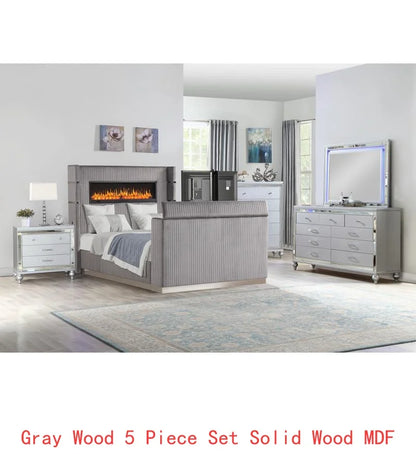 5 Pc Queen Bedroom Set with Fireplace Headboard & Footboard, Beige Wood Finish - Ohberri