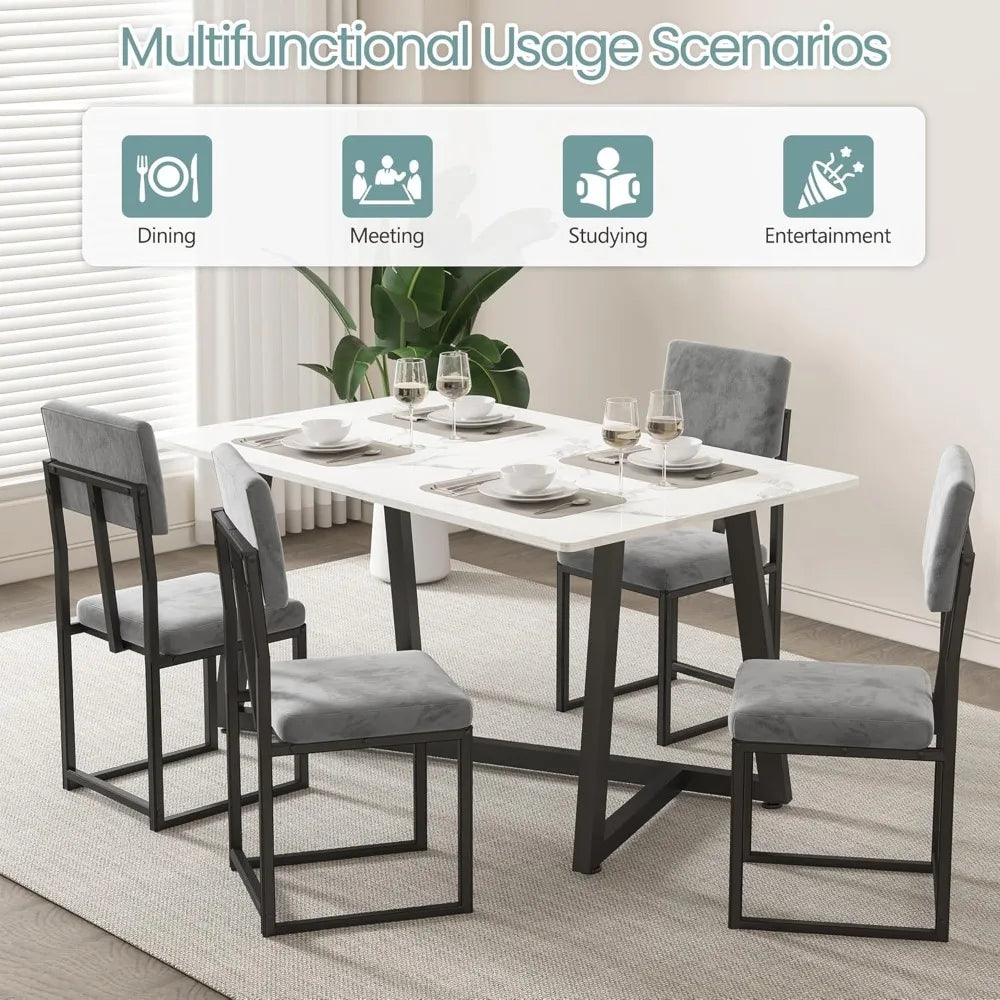 5-Piece Faux Marble Dining Set | 47.24" Table with 4 Velvet Chairs, Modern Minimalist for Small Spaces Ohberri