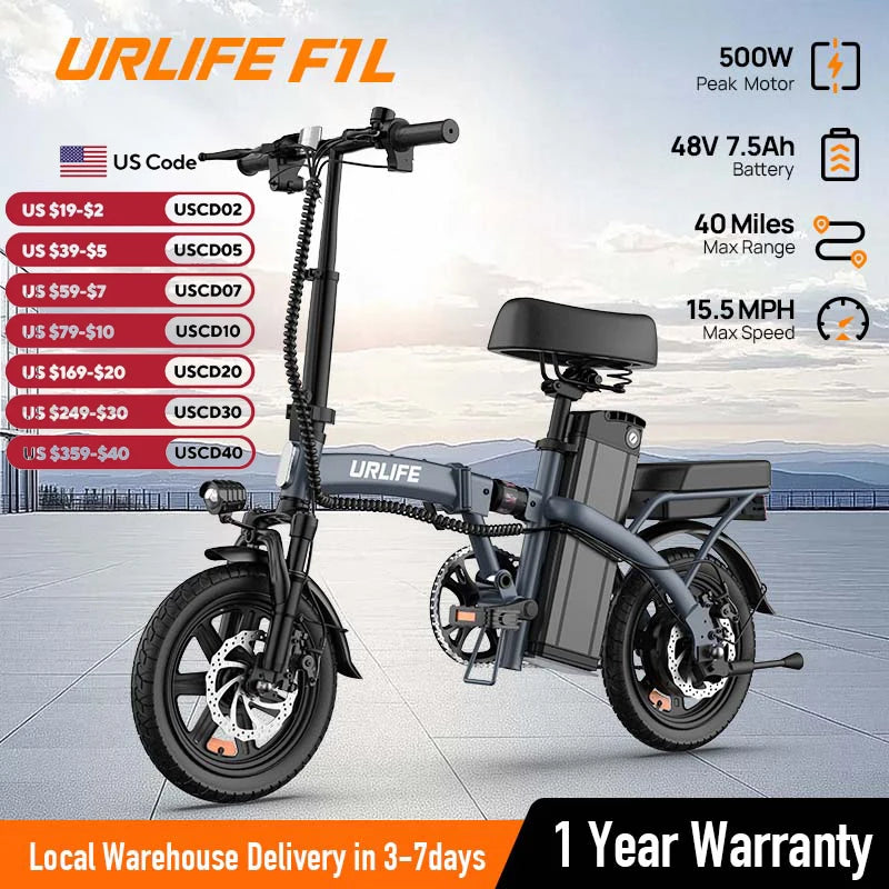 14" Foldable Electric bicycle Peak 500W Motor with 48V 7.5Ah 40 Miles Range 3 Hours Charge Time - Ohberri