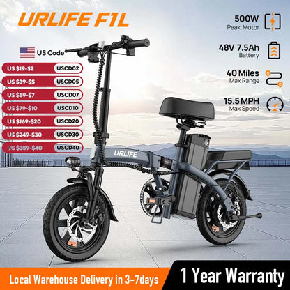 14" Foldable Electric bicycle Peak 500W Motor with 48V 7.5Ah 40 Miles Range 3 Hours Charge Time - Ohberri