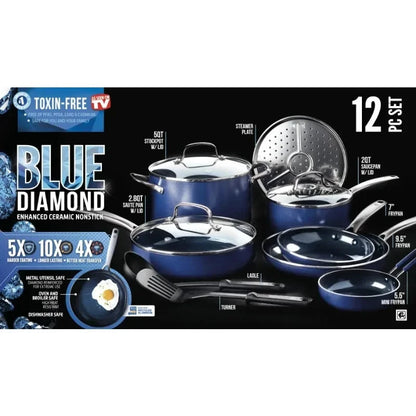 Blue Diamond 12-Piece Toxin-Free Ceramic Nonstick Pots and Pans Cookware Set Ohberri