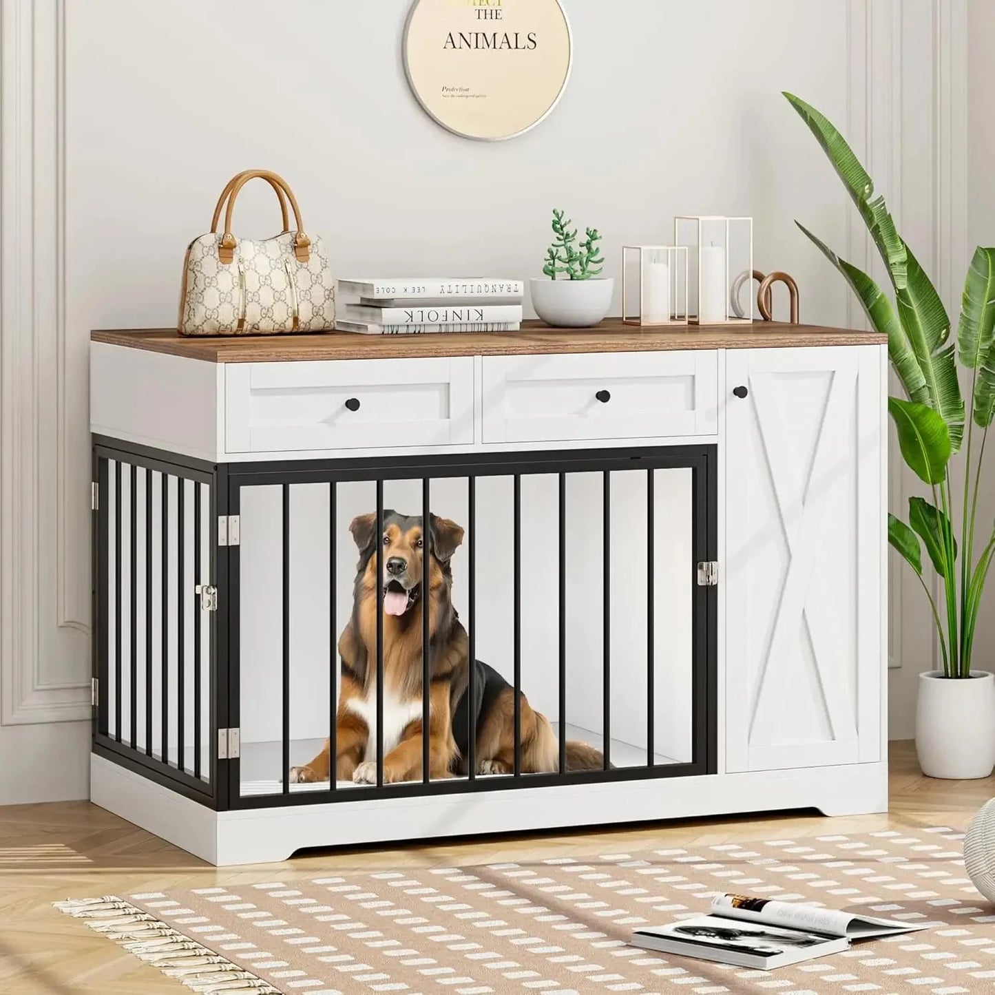 Wooden Dog Crate Furniture, Double Door Pet Kennel with 2 Drawers & Storage Cabinet Ohberri