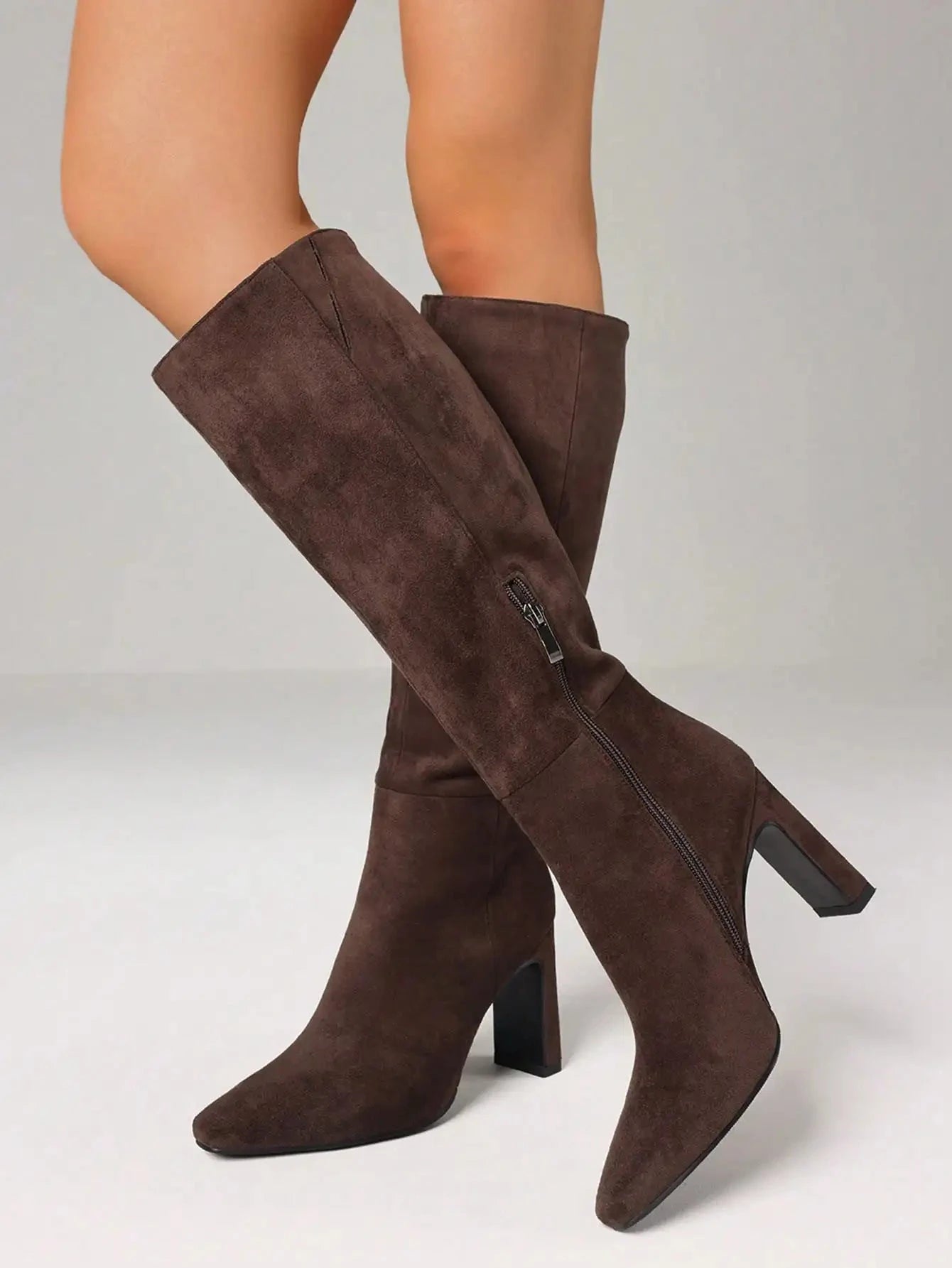 Knee High Boots Flock Zip Square Toe Chunky High Heel Ohberri