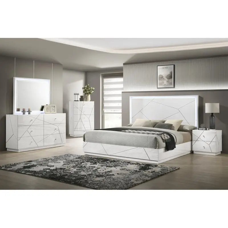 Modern 5-Piece Bedroom Set with Lacquer Finish, Geometric Accents, and LED Lighting - Ohberri