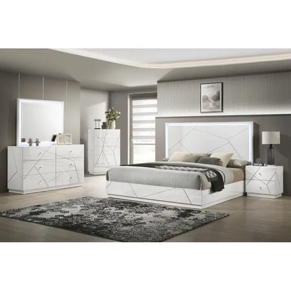 Modern 5-Piece Bedroom Set with Lacquer Finish, Geometric Accents, and LED Lighting - Ohberri