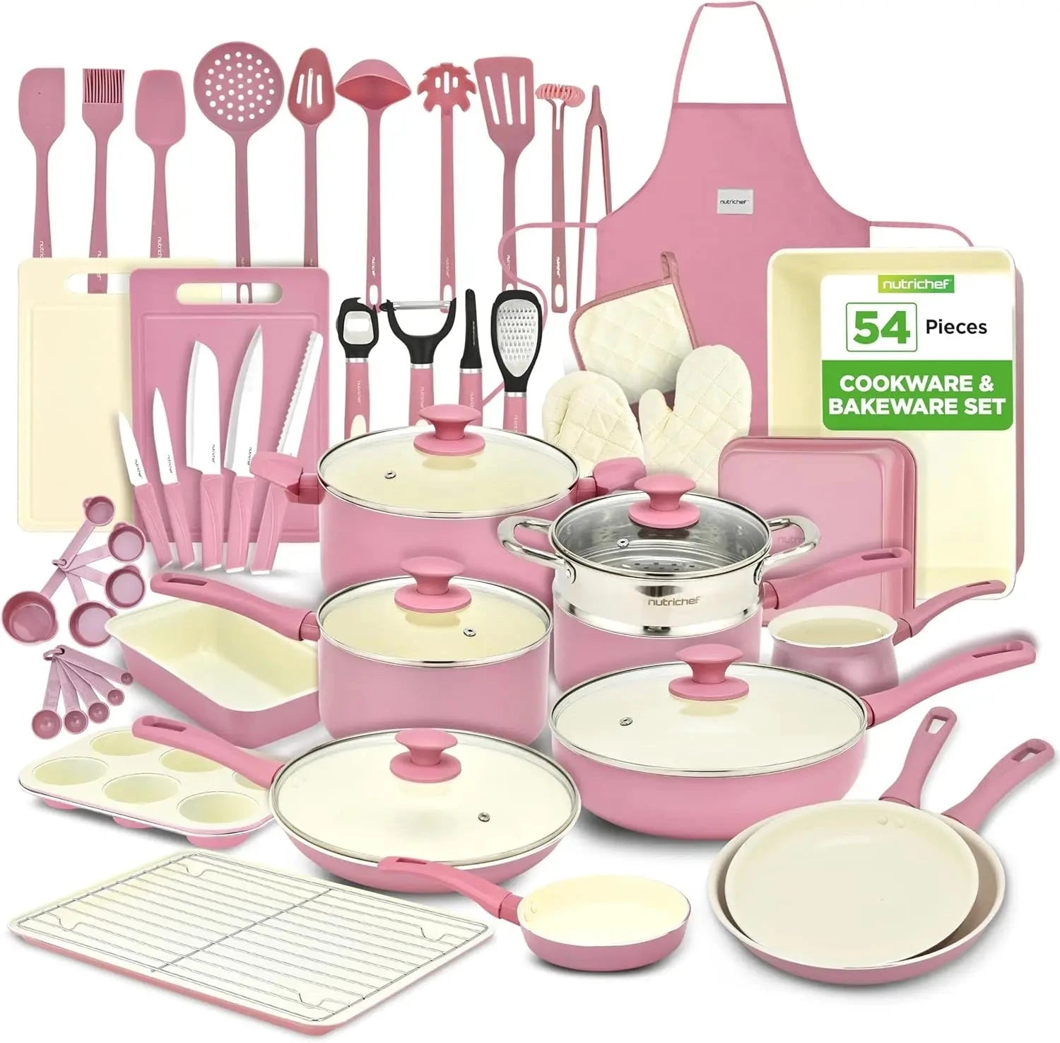 54-Piece Kitchen Cookware Set - Complete Non-Stick Ceramic Pots and Pans Set with Utensils, Bakeware, and Knife Set Ohberri
