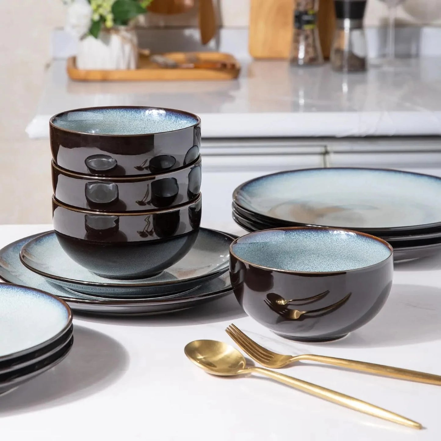 Ceramic Dinnerware Sets for 4,Stoneware Coupe Plates and Bowls Sets,Highly Chip and Crack Resistant Ohberri