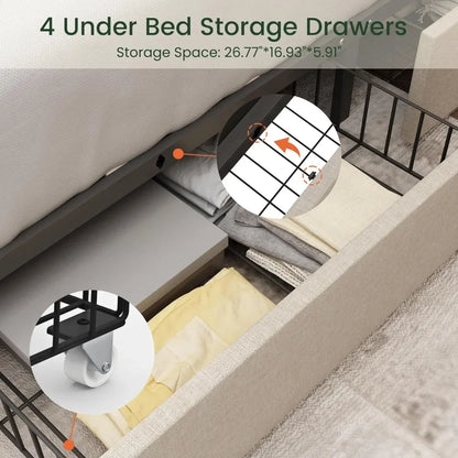 King Size Platform Bed Frame with 4 Storage Drawers and Headboard Linen Upholstered Bed Frame Tufted Beds - Ohberri
