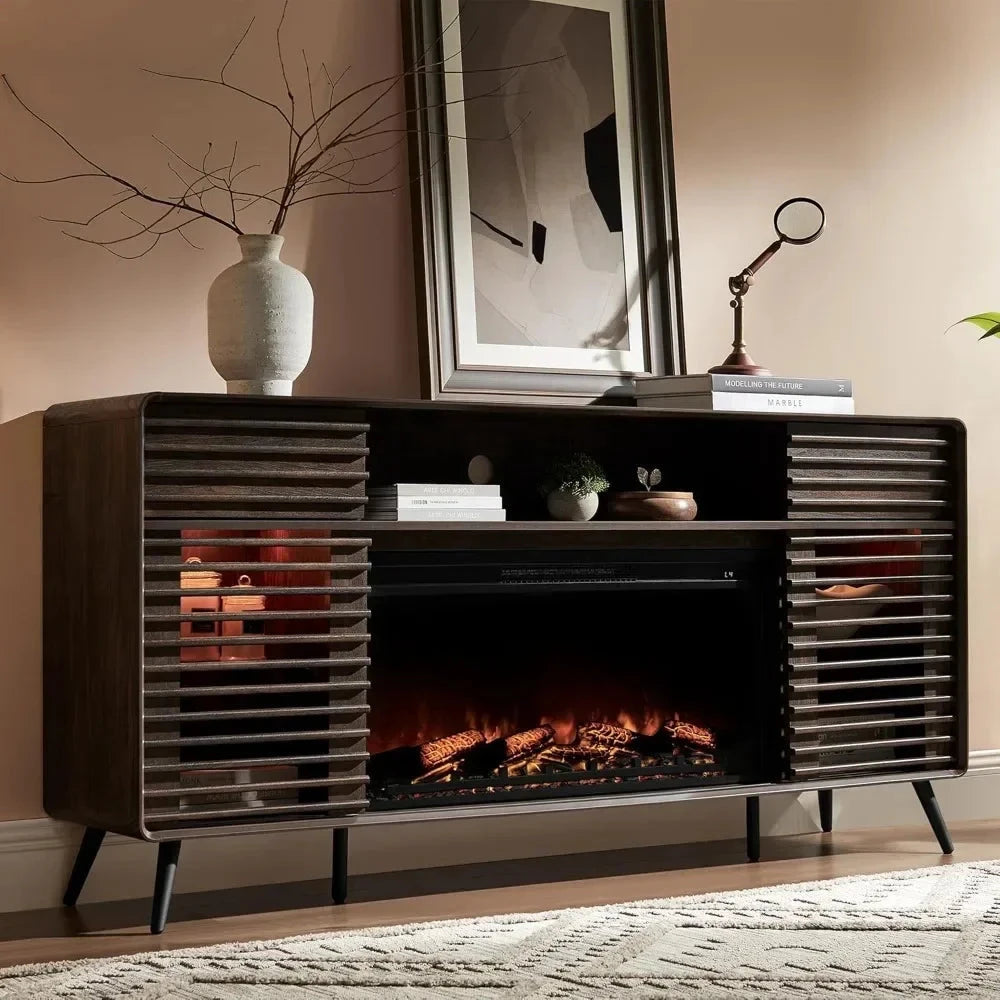 TV Stand for 80 Inch TV, Mid Century Modern with 36" Electric Fireplace & Led Lights Ohberri