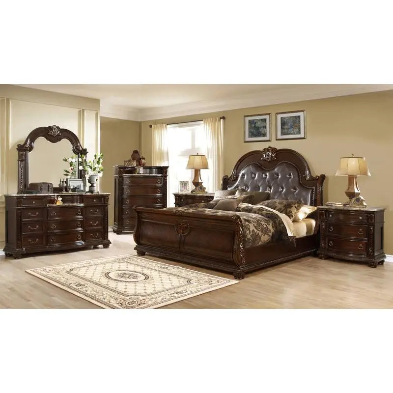 5-Piece King Bedroom Set (King Bed, Nightstand, Dresser, Chest & Mirror) Button Tufted, Wood Construction, Dark Walnut Finish - Ohberri