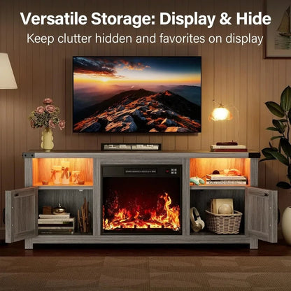 65 Inch LED Fireplace TV Stand with Mood Lighting, Cabinet with Open Shelf & Hidden Cable Routing Ohberri