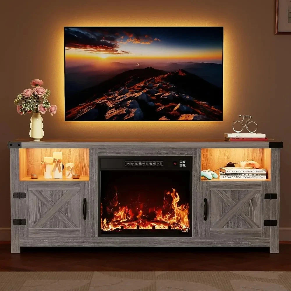65 Inch LED Fireplace TV Stand with Mood Lighting, Cabinet with Open Shelf & Hidden Cable Routing Ohberri