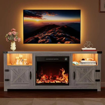 65 Inch LED Fireplace TV Stand with Mood Lighting, Cabinet with Open Shelf & Hidden Cable Routing Ohberri