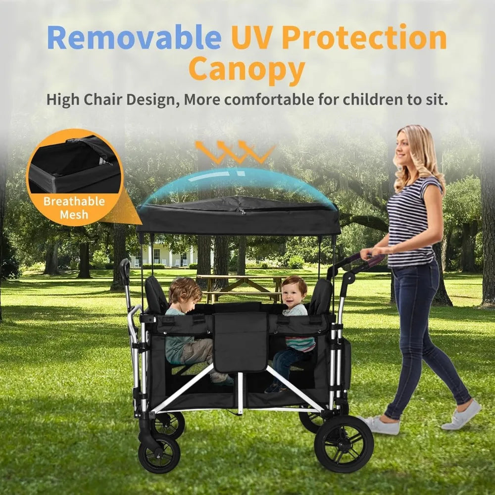 Wagon Stroller - Foldable Cart with 2 High Seats, 5-Point Harnesses, Adjustable Canopy - Ohberri