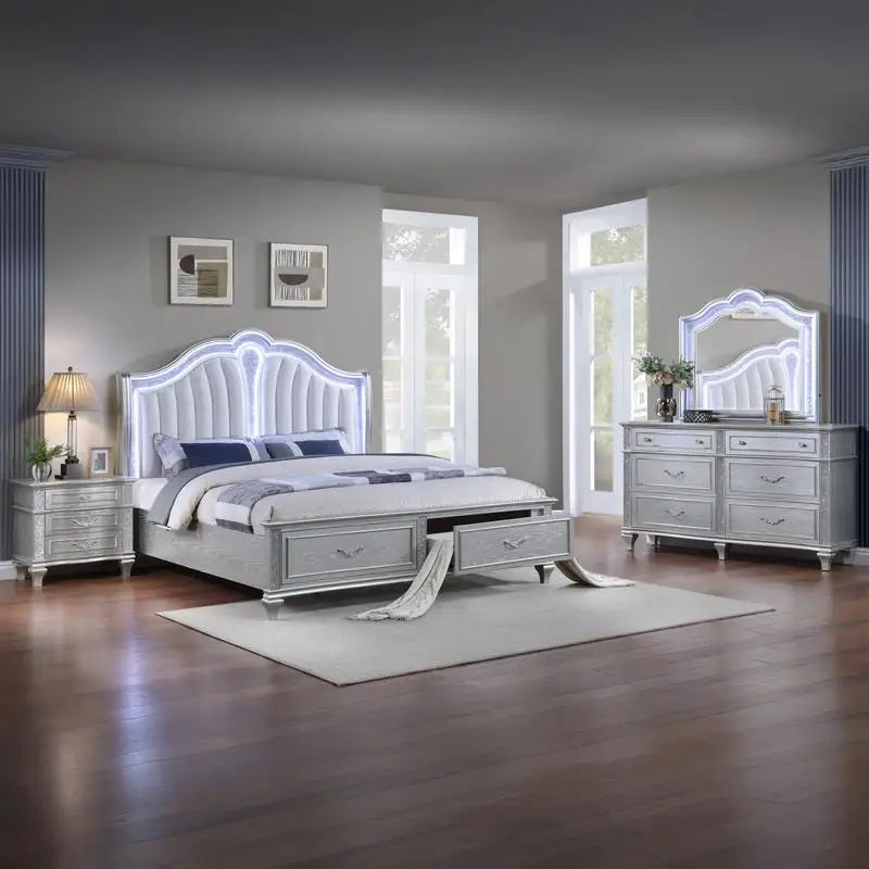 Mystic Contemporary Upholstered LED Queen Bedroom Set 4PC Wood Silver Finish - Ohberri