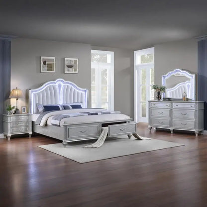 Mystic Contemporary Upholstered LED Queen Bedroom Set 4PC Wood Silver Finish - Ohberri