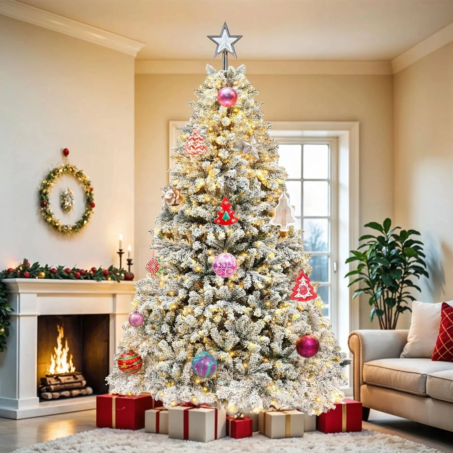 6ft Prelit Snow Flocked Artificial Full Christmas Tree with Remote Control Ohberri