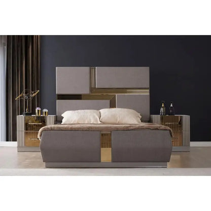 5-Pc Tufted Upholstered Bedroom Set with Wood & Gold Accents in Gray - Ohberri