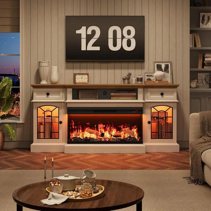 70" Farmhouse Fireplace TV Stand for TVs up to 80" with 36" 3-Side Glass Electric Fireplace Ohberri