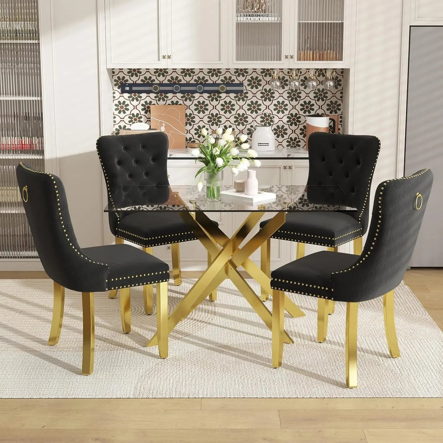 51 Inch Glass Dining Table with 4 Upholstered Velvet Accent Chairs, 5 Piece Modern Ohberri