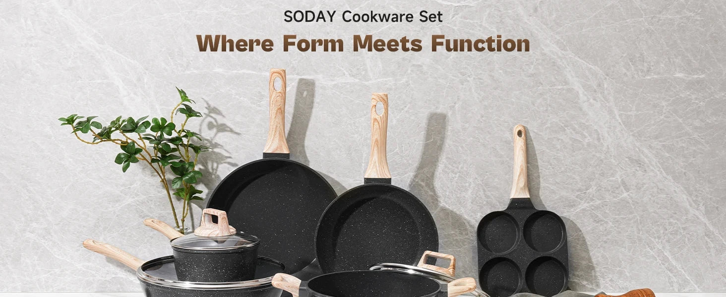 Pots and Pans Set, Nonstick Cookware Sets Black Granite Induction Ohberri