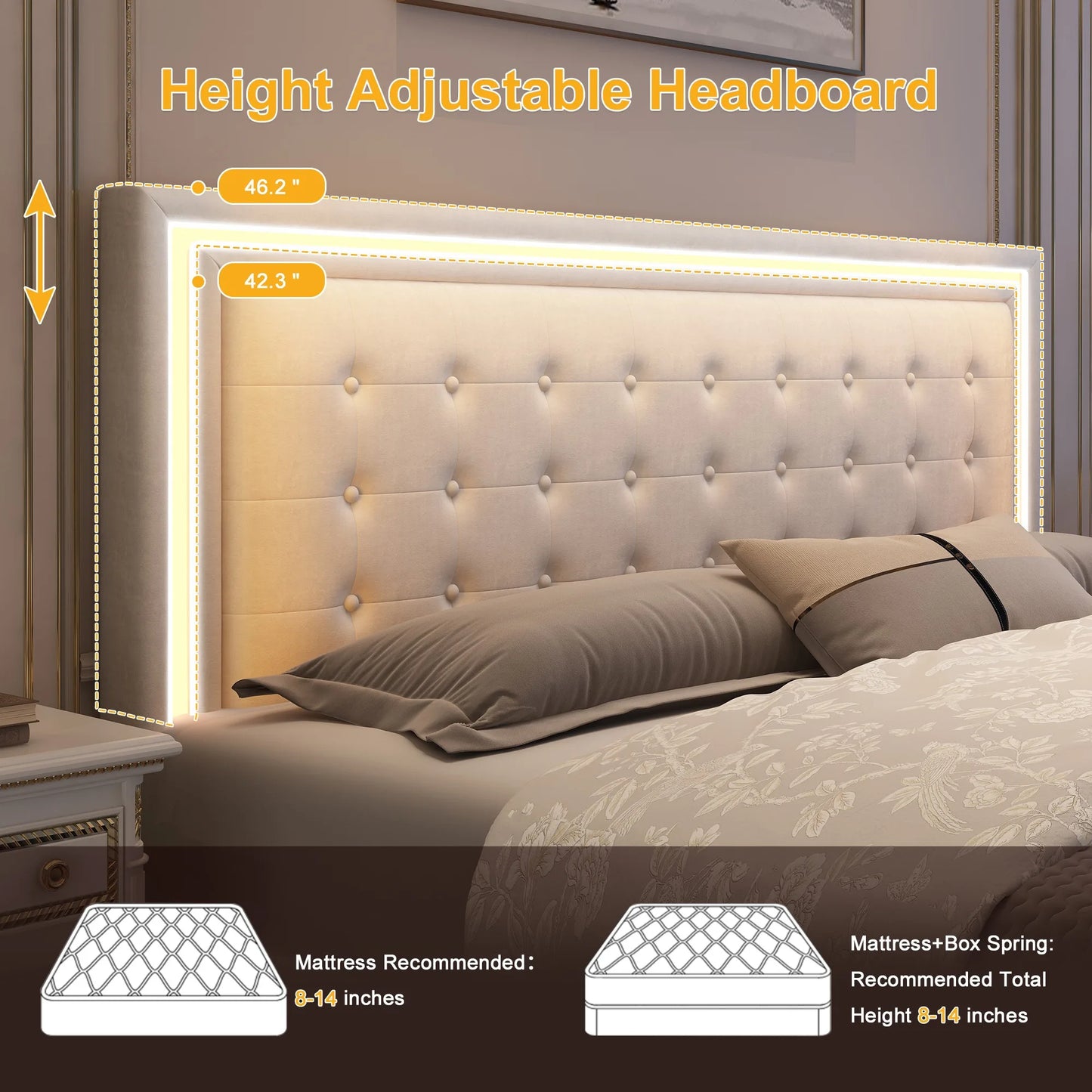 LED Bed Frame with 4 Storage Drawers, RGBW Headboard, PU Upholstered - Ohberri
