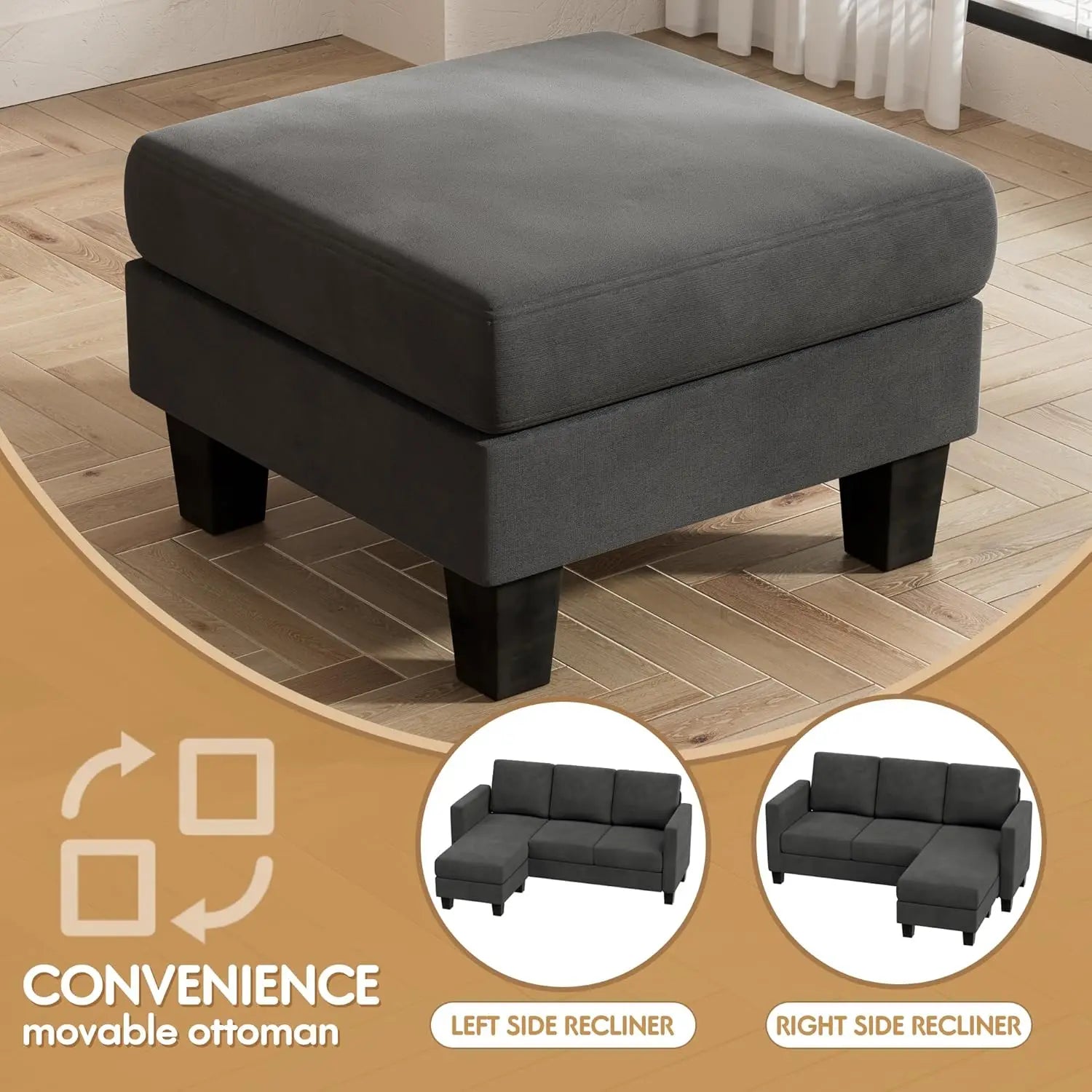 3 Seat L-Shaped Sofa with Linen Fabric Ottoman (Dark Gray) - Ohberri