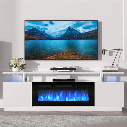 70'' TV Stand, Storage Cabinet & Electric Fireplace Heater with LED Light and 12 Flame Colors Ohberri