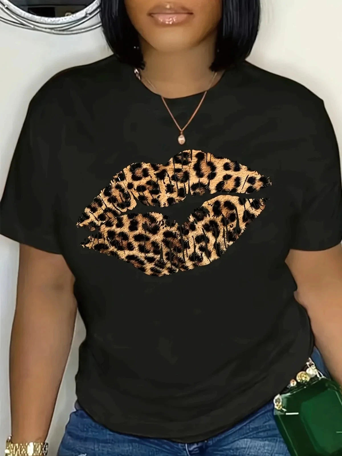 Women's Leopard Print Lip Print T-shirt Ohberri