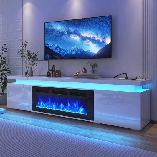 71Inch LED TV Stand with 40In Fireplace for 80Inch TV, Modern with Power Outlet, High Gloss Ohberri