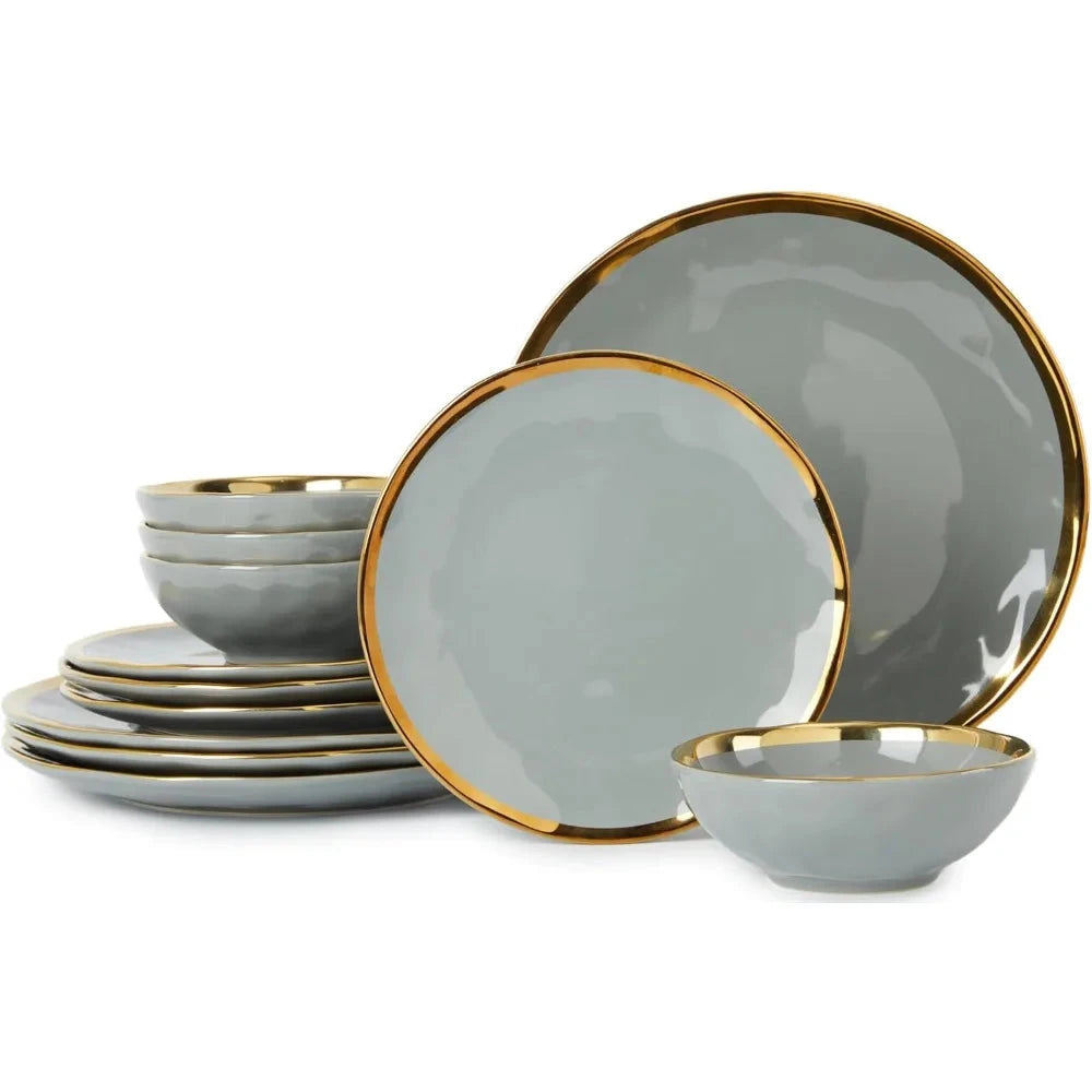 Porcelain Luxury Dinnerware Sets, Modern Plates and Bowls Sets for 4, Highly Chip and Crack Resistant, Grey and Gold Rim Ohberri