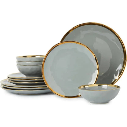 Porcelain Luxury Dinnerware Sets, Modern Plates and Bowls Sets for 4, Highly Chip and Crack Resistant, Grey and Gold Rim Ohberri